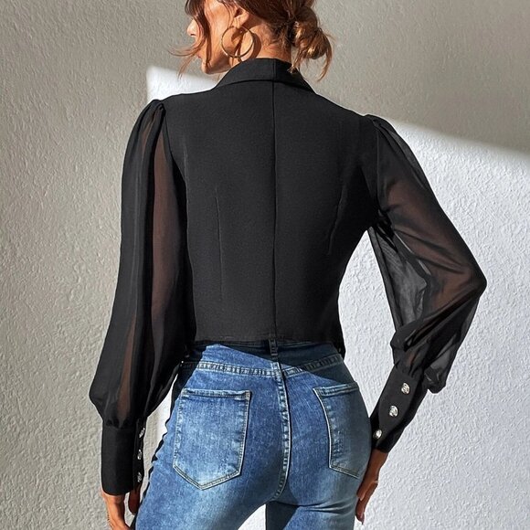 Black Boho Womens Contrast Mesh Bishop Sleeve Shawl Collar Blazer - Picture 3 of 6